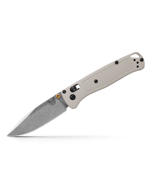 Benchmade Bugout AXIS Folding Knife - 3.24" S30V Satin Plain Blade, Tan Grivory Handles, Gold Accents - 535-12