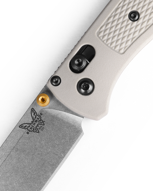 Benchmade Bugout AXIS Folding Knife - 3.24" S30V Satin Plain Blade, Tan Grivory Handles, Gold Accents - 535-12 Benchmade Bugout AXIS Folding Knife - 3.24" S30V Satin Plain Blade, Tan Grivory Handles, Gold Accents - 535-12
