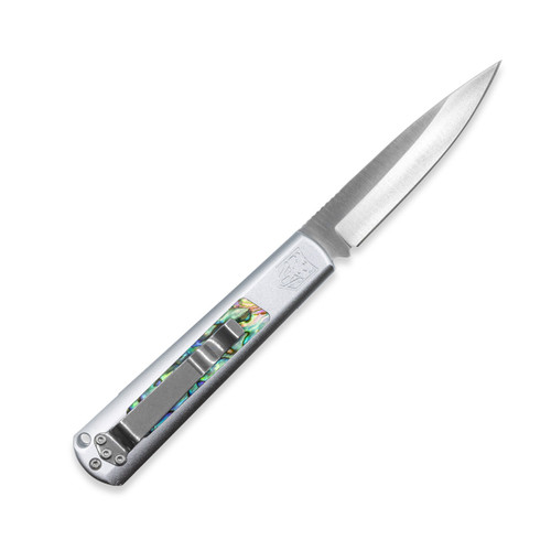 Cobratec GIDEON Hidden Release Auto Folding Knife - 3" 154CM Satin Blade, Silver Handles with Abalone Insert Cobratec GIDEON Hidden Release Auto Folding Knife - 3" 154CM Satin Blade, Silver Handles with Abalone Insert