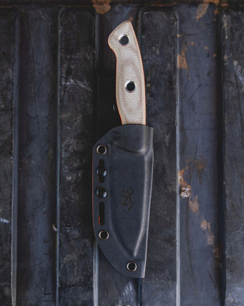 Browning Desolation Small Fixed Blade - 3.75" 440C Drop Point Blade, Natural Micarta Handles w/ Orange Liners, Kydex Sheath Browning Desolation Small Fixed Blade - 3.75" 440C Drop Point Blade, Natural Micarta Handles w/ Orange Liners, Kydex Sheath