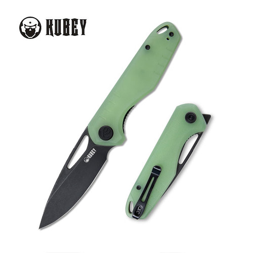 Kubey Knives Doris Front Flipper Knife - 3.27" D2 Black Stonewashed Drop Point Blade, Natural (Jade) G10 Handles, Liner Lock - KU324B