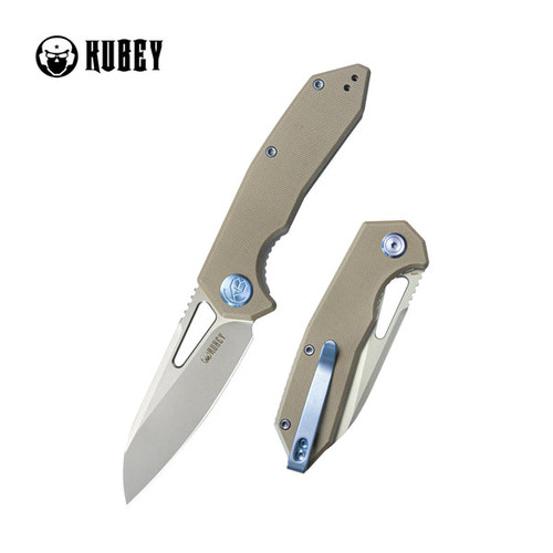 Kubey Knives Vagrant Folding Knife - 3.15" M390 Satin Modified Wharncliffe Blade, Tan G10 Handles, Liner Lock - KB291T