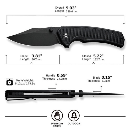 CIVIVI Knives Vexillum Liner Lock Flipper Knife - 3.81" Nitro-V Black Stonewashed Clip Point Blade, Milled Black G10 Handles - C23003D-1 CIVIVI Knives Vexillum Liner Lock Flipper Knife - 3.81" Nitro-V Black Stonewashed Clip Point Blade, Milled Black G10 Handles - C23003D-1