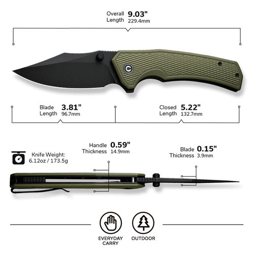 CIVIVI Knives Vexillum Liner Lock Flipper Knife - 3.81" Nitro-V Black Stonewashed Clip Point Blade, Milled OD Green G10 Handles - C23003D-2 CIVIVI Knives Vexillum Liner Lock Flipper Knife - 3.81" Nitro-V Black Stonewashed Clip Point Blade, Milled OD Green G10 Handles - C23003D-2