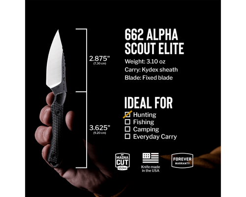 Buck 662 Alpha Scout Elite Fixed Blade Knife - 2.875" MagnaCut Satin Drop Point, Machine Textured Black G10 Handles, Kydex Sheath - 13782 Buck 662 Alpha Scout Elite Fixed Blade Knife - 2.875" MagnaCut Satin Drop Point, Machine Textured Black G10 Handles, Kydex Sheath - 13782