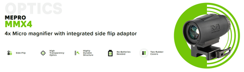 Meprolight MMX4 4X Magnifier - Flip To Side QD Mount, Fits Picatinny, Black Meprolight MMX4 4X Magnifier - Flip To Side QD Mount, Fits Picatinny, Black