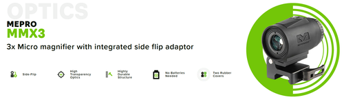 Meprolight MMX3 3X Magnifier - Flip To Side QD Mount, Fits Picatinny, Black Meprolight MMX3 3X Magnifier - Flip To Side QD Mount, Fits Picatinny, Black