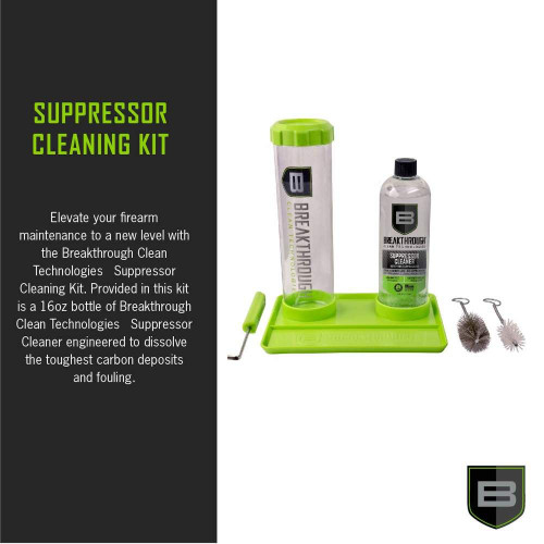 Breakthrough Clean Technologies Suppressor Cleaning Kit - Includes 16 OZ Bottle of Suppressor Cleaner, Suppressor Cleaning Submission Tube, Submission Hook, Metal and Nylon Cleaning Brushes, and Cleaning Tray Breakthrough Clean Technologies Suppressor Cleaning Kit - Includes 16 OZ Bottle of Suppressor Cleaner, Suppressor Cleaning Submission Tube, Submission Hook, Metal and Nylon Cleaning Brushes, and Cleaning Tray
