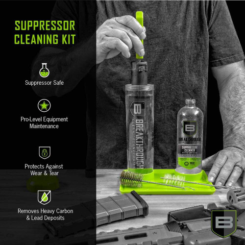 Breakthrough Clean Technologies Suppressor Cleaning Kit - Includes 16 OZ Bottle of Suppressor Cleaner, Suppressor Cleaning Submission Tube, Submission Hook, Metal and Nylon Cleaning Brushes, and Cleaning Tray Breakthrough Clean Technologies Suppressor Cleaning Kit - Includes 16 OZ Bottle of Suppressor Cleaner, Suppressor Cleaning Submission Tube, Submission Hook, Metal and Nylon Cleaning Brushes, and Cleaning Tray