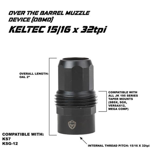 JK Armament Bald Eagle 12GA Over the Barrel Muzzle Device (OBMD) - KelTec 15/16 x 32 TPI, Black