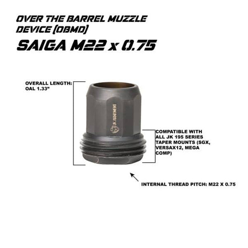 JK Armament Bald Eagle 12GA Over the Barrel Muzzle Device (OBMD) - Saiga M22 x 0.75, Black