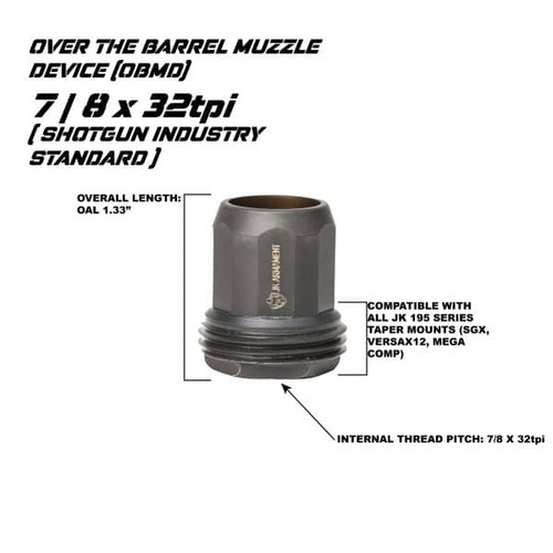 JK Armament Bald Eagle 12GA Over the Barrel Muzzle Device (OBMD) - 7/8 x 32 TPI, Black