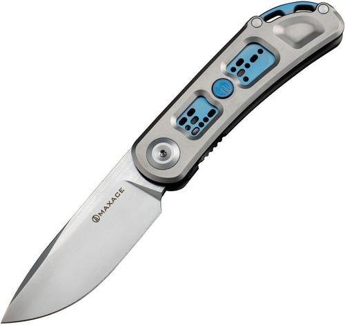 Maxace Knives Big Fella Folding Knife - 2.9" CPM-Magnacut Drop Point Blade, Gray and Blue Titanium Handles