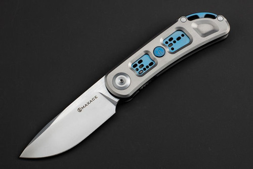 Maxace Knives Big Fella Folding Knife - 2.9" CPM-Magnacut Drop Point Blade, Gray and Blue Titanium Handles Maxace Knives Big Fella Folding Knife - 2.9" CPM-Magnacut Drop Point Blade, Gray and Blue Titanium Handles