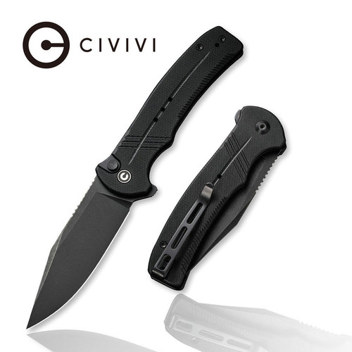 CIVIVI Knives Cogent Flipper Knife - 3.47" 14C28N Black Stonewashed Plain Blade, Black G10 Handles, Button Lock - C20038D-1