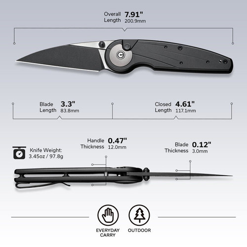 CIVIVI Knives Starflare Button Lock Folding Knife - 3.3" Nitro-V Two-Tone Wharncliffe Blade, Milled Black Aluminum Handles - C23052-1 CIVIVI Knives Starflare Button Lock Folding Knife - 3.3" Nitro-V Two-Tone Wharncliffe Blade, Milled Black Aluminum Handles - C23052-1