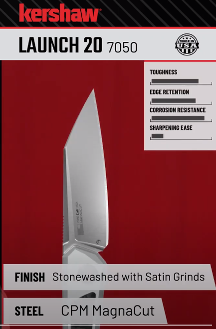 Kershaw 7050 Launch 20 AUTO Folding Knife - 3.0" Satin CPM-Magnacut Wharncliffe Blade, Raw Aluminum Handles with Marbled Carbon Fiber Insert Kershaw 7050 Launch 20 AUTO Folding Knife - 3.0" Satin CPM-Magnacut Wharncliffe Blade, Raw Aluminum Handles with Marbled Carbon Fiber Insert