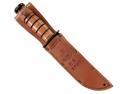 KA-BAR 1220 US Army Fighting Knife - 7" 1095 Cro-Van Plain Blade, Stacked Leather Handles, Brown Leather Sheath KA-BAR 1220 US Army Fighting Knife - 7" 1095 Cro-Van Plain Blade, Stacked Leather Handles, Brown Leather Sheath