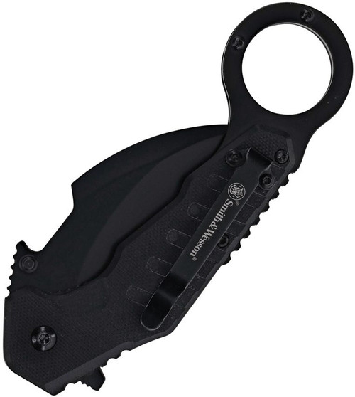 Smith & Wesson Extreme Ops Assisted Karambit Flipper Knife - 3" 8Cr13MoV Black Hawkbill Blade, Black G10 Handles with Pinky Ring, Liner Lock - 1208411 Smith & Wesson Extreme Ops Assisted Karambit Flipper Knife - 3" 8Cr13MoV Black Hawkbill Blade, Black G10 Handles with Pinky Ring, Liner Lock - 1208411