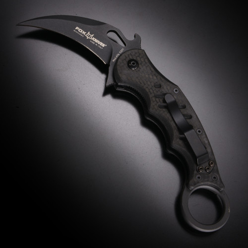 Fox Karambit Linerlock Folding Knife - 3" Bohler N690 Black Karambit Blade, Carbon Fiber Handles Fox Karambit Linerlock Folding Knife - 3" Bohler N690 Black Karambit Blade, Carbon Fiber Handles