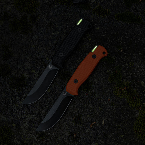 Glow Rhino Bohr Fixed Blade - 3.75" DC-53 Black PVD Blade, Orange G10 Handles, Black Kydex Sheath Glow Rhino Bohr Fixed Blade - 3.75" DC-53 Black PVD Blade, Orange G10 Handles, Black Kydex Sheath