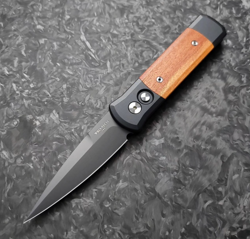 ProTech 707 Godson AUTO Folding Knife - 3.15" 154CM Black DLC Blade, Black Aluminum Handles with Red Ironbark Wood Inlays ProTech 707 Godson AUTO Folding Knife - 3.15" 154CM Black DLC Blade, Black Aluminum Handles with Red Ironbark Wood Inlays