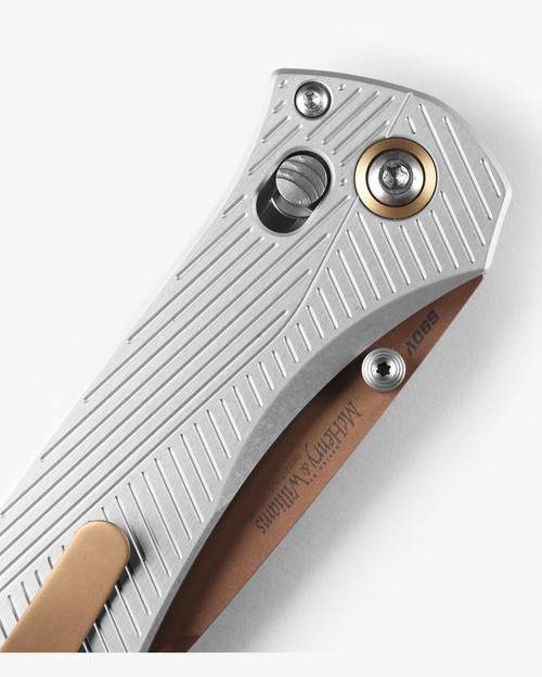 Benchmade 710FE-24 McHenry & Williams Seven | Ten Folding Knife - 4" CPM-S90V Flat Earth PVD Recurve Drop Point Blade, Gray Machined Aluminum Handles, Reversible Clip, AXIS Lock Benchmade 710FE-24 McHenry & Williams Seven | Ten Folding Knife - 4" CPM-S90V Flat Earth PVD Recurve Drop Point Blade, Gray Machined Aluminum Handles, Reversible Clip, AXIS Lock