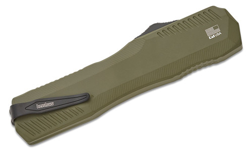 Kershaw Livewire OTF AUTO Knife - 3.3" CPM-MagnaCut Black Tanto Blade, OD Geen Aluminum Handles, Reversible Clip - 9000TBLUBW Kershaw Livewire OTF AUTO Knife - 3.3" CPM-MagnaCut Black Tanto Blade, OD Geen Aluminum Handles, Reversible Clip - 9000TBLUBW