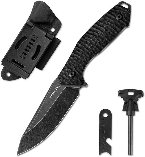 REMETTE Allosaurus Fixed Blade Knife - 3.66" Stonewashed D2 Clip Point Blade, Black G10 Handles, Black Kydex Sheath with Fire Starter Kit REMETTE Allosaurus Fixed Blade Knife - 3.66" Stonewashed D2 Clip Point Blade, Black G10 Handles, Black Kydex Sheath with Fire Starter Kit