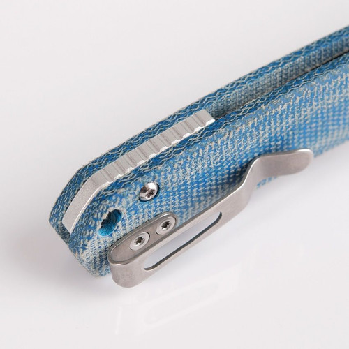 Vosteed Knives Mini Psyop Crossbar Lock Folding Knife - 2.69" Elmax Satin Drop Point Blade, Blue UltreX Micarta Handles, Hard Case - A2301 Vosteed Knives Mini Psyop Crossbar Lock Folding Knife - 2.69" Elmax Satin Drop Point Blade, Blue UltreX Micarta Handles, Hard Case - A2301