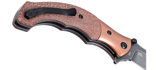 CRKT 7465 Ritual Compact Assisted Flipper Knife - 3.33" 12C27 Black Stonewashed Persian Blade, Brown Burlap Micarta Handles with Stainless Steel Bolsters, Liner Lock CRKT 7465 Ritual Compact Assisted Flipper Knife - 3.33" 12C27 Black Stonewashed Persian Blade, Brown Burlap Micarta Handles with Stainless Steel Bolsters, Liner Lock