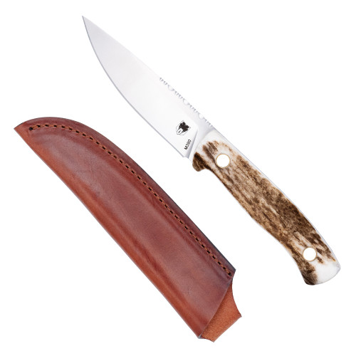 CobraTec Knives Koonsman Fixed Blade Stag - 4" M390 Satin Drop Point Blade, Stag Handles, Brown Leather Sheath CobraTec Knives Koonsman Fixed Blade Stag - 4" M390 Satin Drop Point Blade, Stag Handles, Brown Leather Sheath