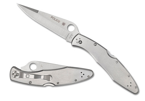 Spyderco Police Stainless Folding Knife - 4.125" VG10 Satin Plain Blade, Stainless Steel Handles, Lockback - C07P