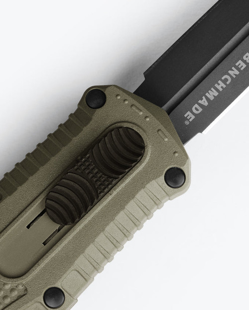 Benchmade Mini Claymore OTF AUTO Knife - 3.02" CPM-D2 Smoke Gray PVD Double Edge Dagger Blade, Ranger Green Grivory Handles - 3375GY-1 Benchmade Mini Claymore OTF AUTO Knife - 3.02" CPM-D2 Smoke Gray PVD Double Edge Dagger Blade, Ranger Green Grivory Handles - 3375GY-1