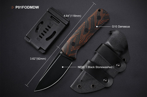 Petrified Fish PFP01F Beluga Fixed Blade Knife - 3.62" N690 Black Drop Point, Black and Orange G-Mascus Handles, Kydex Sheath - PFP01FODMDW Petrified Fish PFP01F Beluga Fixed Blade Knife - 3.62" N690 Black Drop Point, Black and Orange G-Mascus Handles, Kydex Sheath - PFP01FODMDW