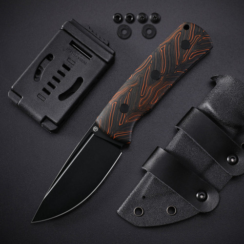 Petrified Fish PFP01F Beluga Fixed Blade Knife - 3.62" N690 Black Drop Point, Black and Orange G-Mascus Handles, Kydex Sheath - PFP01FODMDW Petrified Fish PFP01F Beluga Fixed Blade Knife - 3.62" N690 Black Drop Point, Black and Orange G-Mascus Handles, Kydex Sheath - PFP01FODMDW