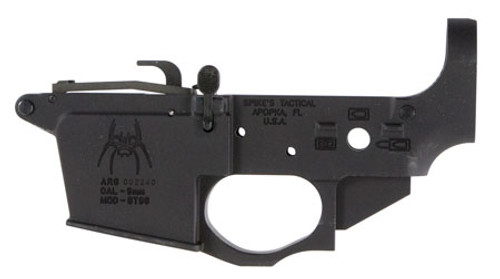 Spikes Tactical STLS920 Spider Stripped Lower Receiver 9mm Luger 7075-T6 Aluminum Black Anodized for AR-15, Compatible w/Glock Mags
