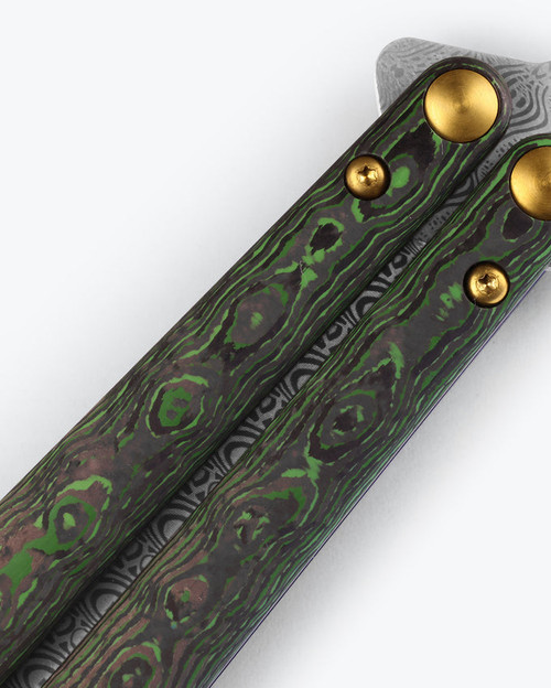 Benchmade 99-242 Gold Class Necron Latchless Balisong Butterfly Knife - 4.59" Monarch Damasteel Scimitar Blade, Jungle Wear FatCarbon Handles, User-Adjustable, Alligator Leather Sheath