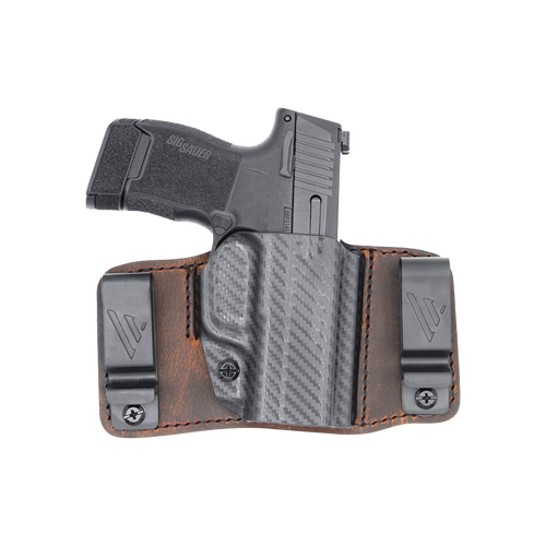 Versacarry Insurgent Deluxe (IWB/OWB) Holster for the Sig Sauer P365 XMacro - Brown Leather and Carbon Fiber Print Kydex Versacarry Insurgent Deluxe (IWB/OWB) Holster for the Sig Sauer P365 XMacro - Brown Leather and Carbon Fiber Print Kydex