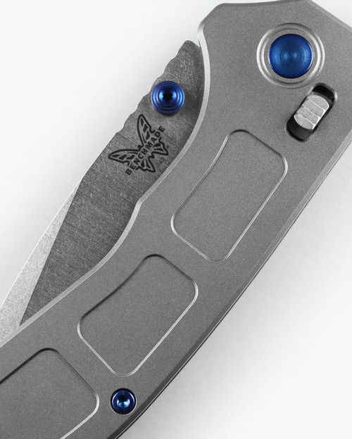 Benchmade 743 Mini Narrows AXIS Folding Knife - 2.98" CPM-20CV Satin Drop Point Blade, Gray Titanium Handles, Blue Accents Benchmade 743 Mini Narrows AXIS Folding Knife - 2.98" CPM-20CV Satin Drop Point Blade, Gray Titanium Handles, Blue Accents