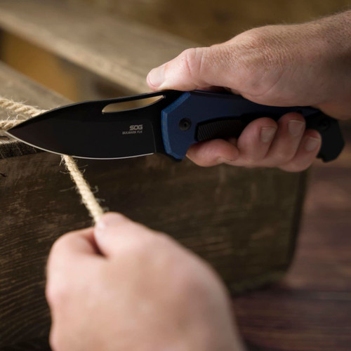 SOG Bulwark FLK Folding Knife - 3" D2 Black Drop Point Blade, Blue Micarta Handles SOG Bulwark FLK Folding Knife - 3" D2 Black Drop Point Blade, Blue Micarta Handles