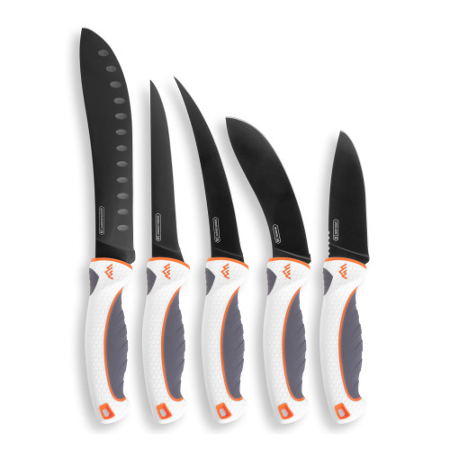 Outdoor Edge ErgoMax Fixed Blade Knife Set - Plain Edge, White and Orange Handles, Titanium Coated Blades, Kit includes 5 Knives and Sharpener Outdoor Edge ErgoMax Fixed Blade Knife Set - Plain Edge, White and Orange Handles, Titanium Coated Blades, Kit includes 5 Knives and Sharpener