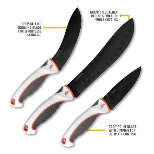 Outdoor Edge ErgoMax Fixed Blade Knife Set - Plain Edge, White and Orange Handles, Titanium Coated Blades, Kit includes 5 Knives and Sharpener Outdoor Edge ErgoMax Fixed Blade Knife Set - Plain Edge, White and Orange Handles, Titanium Coated Blades, Kit includes 5 Knives and Sharpener