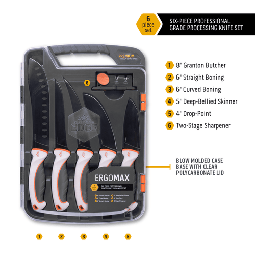 Outdoor Edge ErgoMax Fixed Blade Knife Set - Plain Edge, White and Orange Handles, Titanium Coated Blades, Kit includes 5 Knives and Sharpener Outdoor Edge ErgoMax Fixed Blade Knife Set - Plain Edge, White and Orange Handles, Titanium Coated Blades, Kit includes 5 Knives and Sharpener