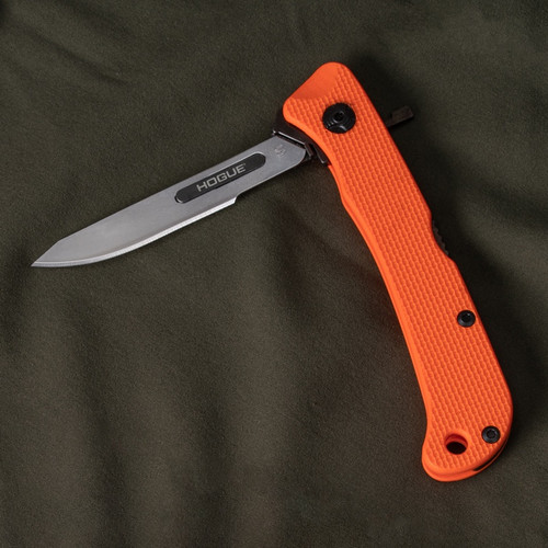 Hogue Expel Scalpel Folding Knife - 2.5" Replaceable Blade, 440C Stainless and Orange G10 Handles, Nylon Blade Guard - 35834 Hogue Expel Scalpel Folding Knife - 2.5" Replaceable Blade, 440C Stainless and Orange G10 Handles, Nylon Blade Guard - 35834