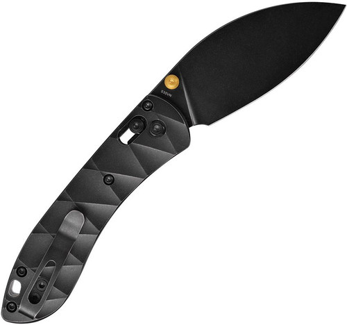 Vosteed Knives Mini Nightshade Folding Knife - 2.6" S35VN Black Stonewashed Kukri Blade, Milled Black Titanium Handles, Gold Accents, AXIS/Crossbar Lock - A0218
