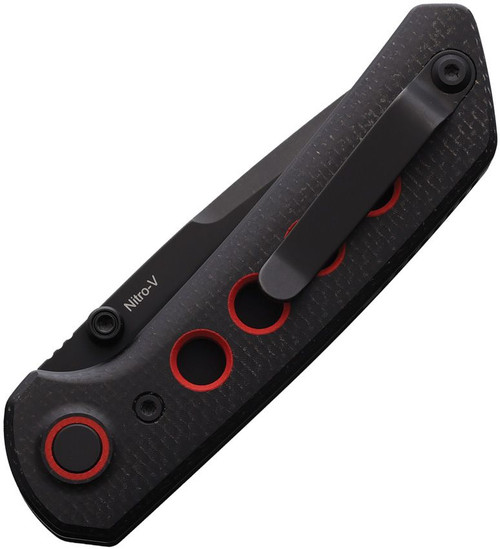 Reate Knives PL-XT Pivot Lock Folding Knife - 3" Nitro-V Black PVD Drop Point Blade, Contoured Milled Black Micarta Handles with Red G10 Inlays Reate Knives PL-XT Pivot Lock Folding Knife - 3" Nitro-V Black PVD Drop Point Blade, Contoured Milled Black Micarta Handles with Red G10 Inlays