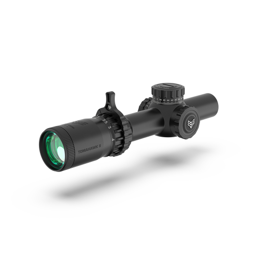 Swampfox Optics Tomahawk II SFP LPVO 1-4x28MM Rifle Scope - Bright Fiber Optic Green Reticle, Black Finish Swampfox Optics Tomahawk II SFP LPVO 1-4x28MM Rifle Scope - Bright Fiber Optic Green Reticle, Black Finish
