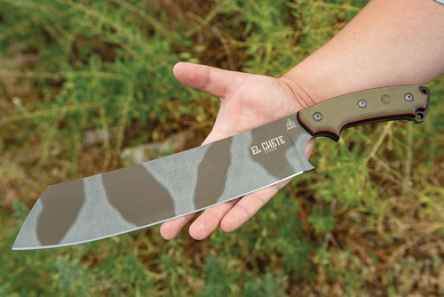 TOPS Knives El Chete Fixed Blade - 12" Midnight Bronze Camo Blade, Green/Black Canvas Micarta Handles with Rocky Mountain Tread, Kydex Sheath with Dangler Attachment - ELCH03-CAMO