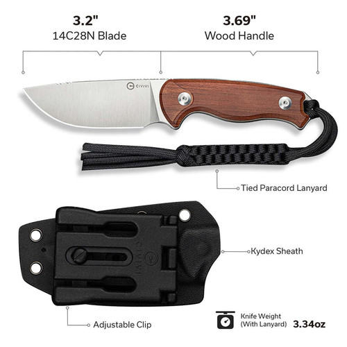 CIVIVI Knives Timberbark Fixed Blade Knife - 3.2" 14C28N Satin Drop Point Blade, Guibourtia Wood Handles, Kydex Sheath - C23094-4